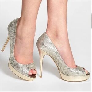 Jimmy Choo Glitter Fabric Champagne Peep Toe Sling Back Heel Size 37 Authentic